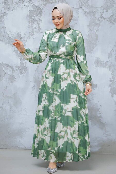 Modest Khaki Pleated Maxi Dress 344602HK - NEVA STYLE