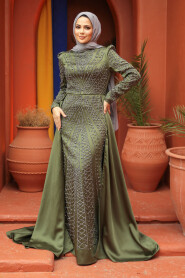 Modest Khaki Satin Evening Dress 45961HK - 1