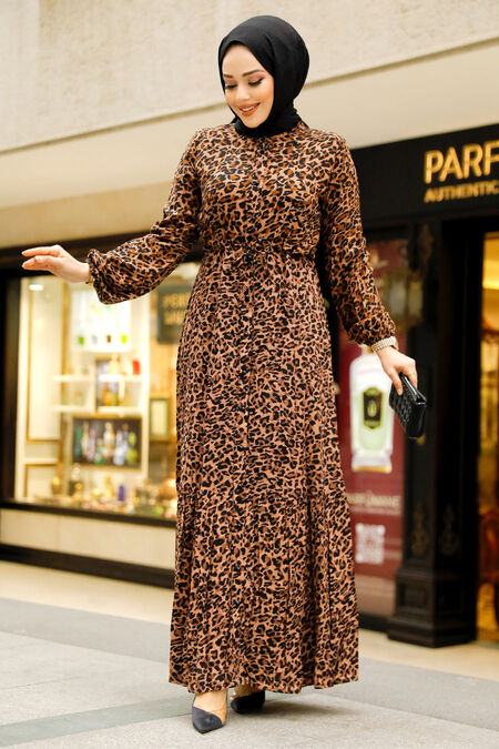Modest Leopar Patterned Long Dress 50252LP - NEVA STYLE