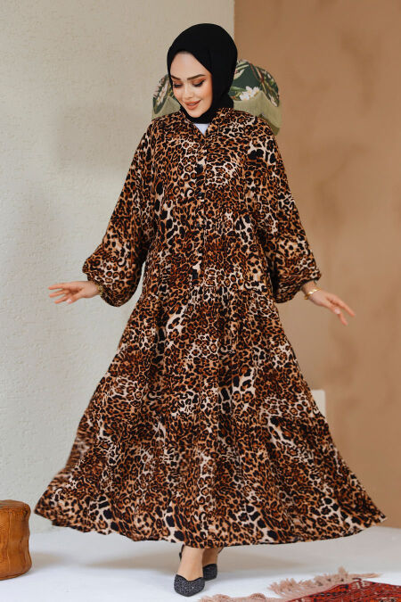 Modest Leopard Patterned Long Dress 20572L - NEVA STYLE