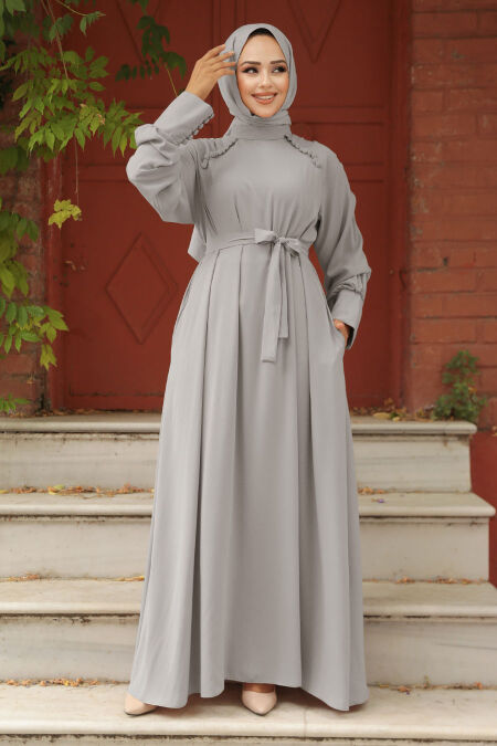 Modest Light Grey Abaya Dress 330104AGR - NEVA STYLE