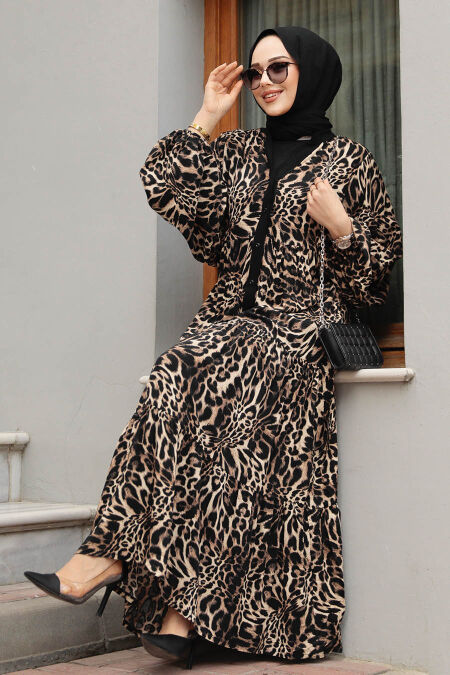 Modest Light Leopard Patterned Dress 10273ALP - NEVA STYLE