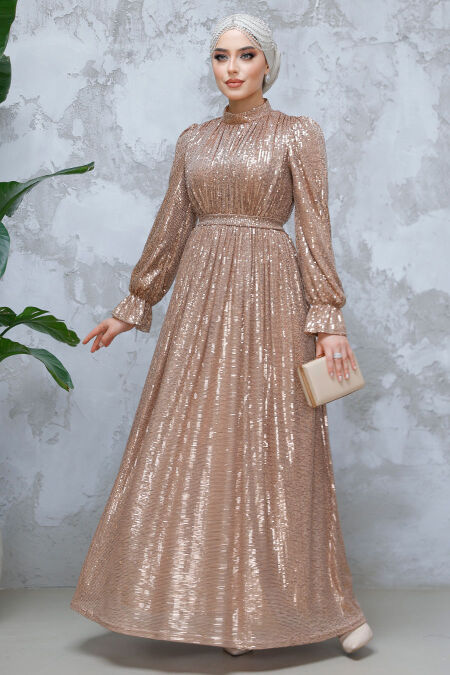 Modest Mink Evening Gown With Long Sleeve 44961V - NEVA STYLE