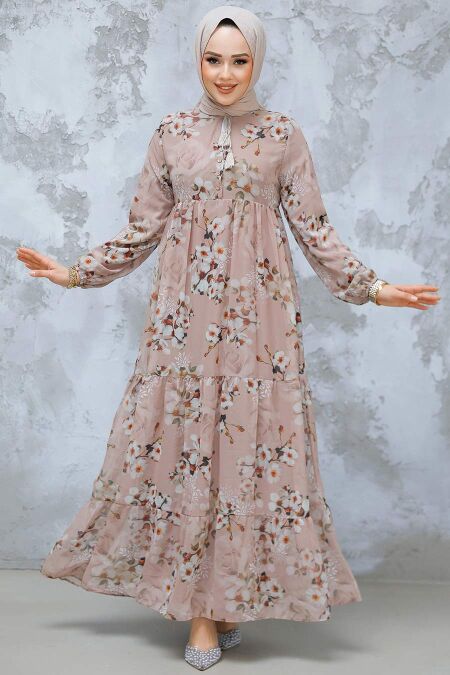 Modest Mink Floral Dress 22053V - NEVA STYLE