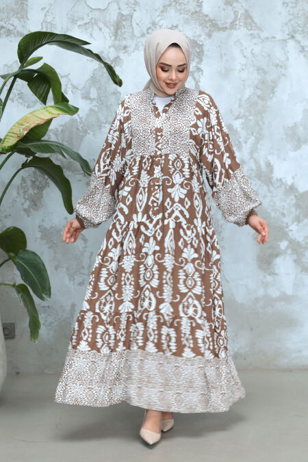 Modest Mink Floral Dress 30015V - NEVA STYLE