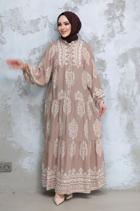 Modest Mink Floral Long Dress 18242V - NEVA STYLE