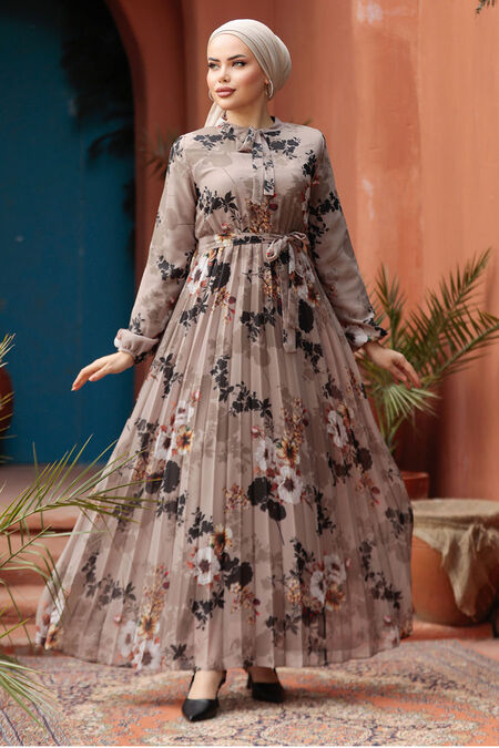 Modest Mink Floral Long Dress 22352V - NEVA STYLE