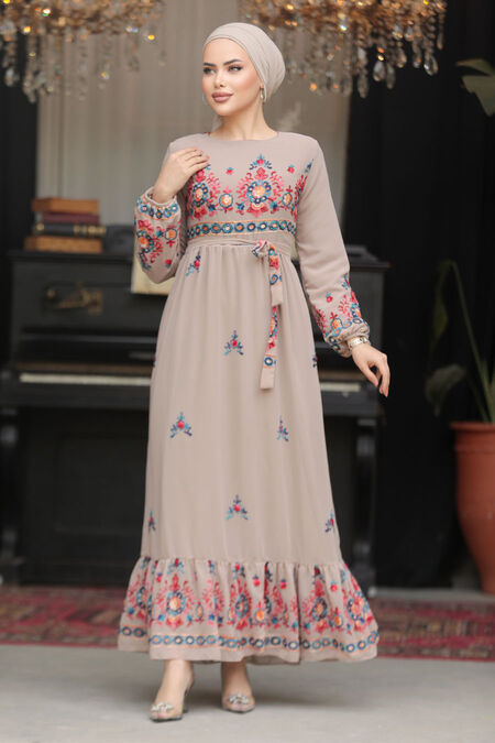 Modest Mink Floral Maxi Dress 23231V - NEVA STYLE