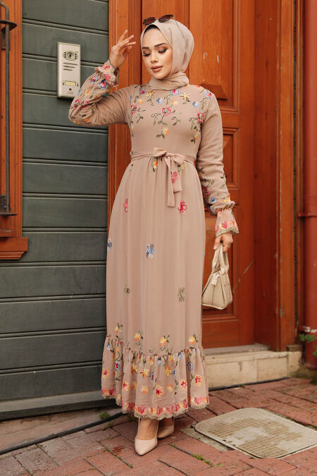 Modest Mink Long Floral Dress 23234V - NEVA STYLE