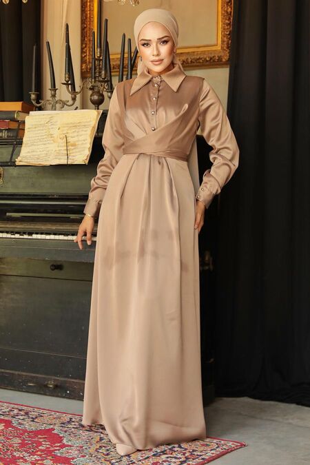 Modest Mink Satin Dress 45661V - NEVA STYLE
