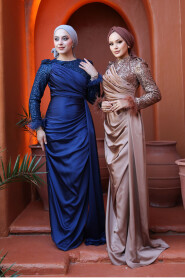 Modest Mink Satin Engagement Dress 52151V - 5