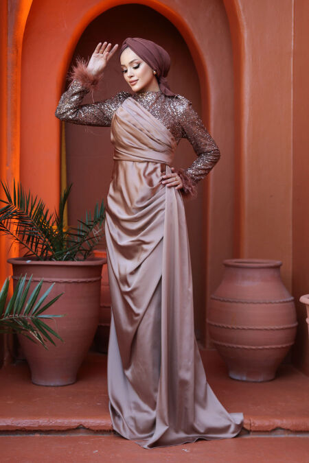 Modest Mink Satin Engagement Dress 52151V - NEVA STYLE