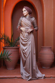 Modest Mink Satin Engagement Dress 52151V - 3