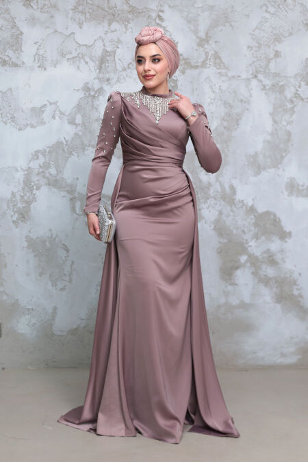 Modest Mink Satin Engagement Gown 51312V - NEVA STYLE
