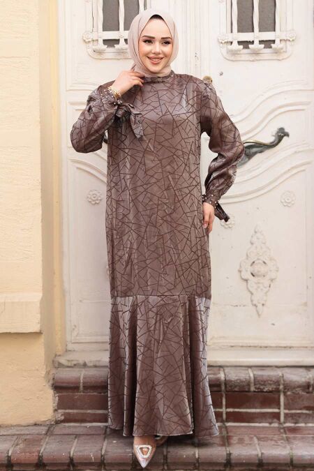 Modest Mink Satin Long Dress 4457V - NEVA STYLE