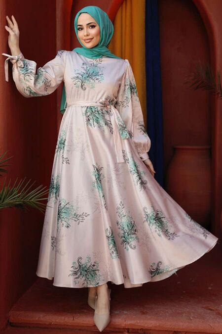 Modest Mint Floral Long Sleeve Dress 60911MINT - NEVA STYLE