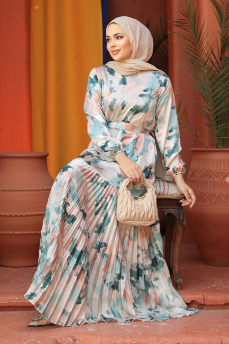 Modest Mint Pleated Maxi Dress 4539MINT - NEVA STYLE