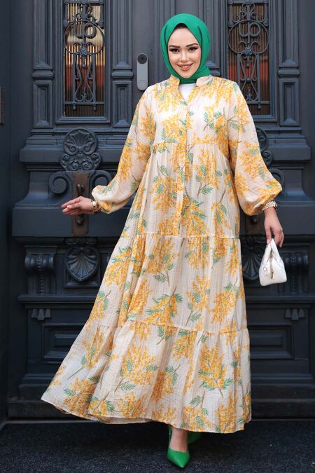 Modest Mustard Floral Dress 710502HR - NEVA STYLE
