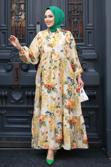 Modest Mustard Floral Dress 710513HR - NEVA STYLE