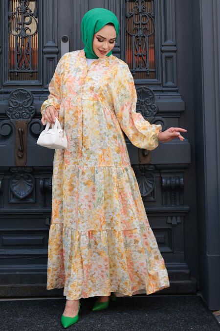 Modest Mustard Floral Long Sleeve Dress 710505HR - NEVA STYLE