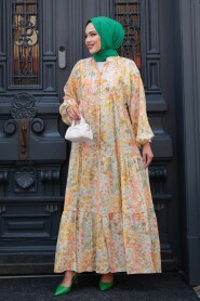 Modest Mustard Floral Long Sleeve Dress 710505HR - 4