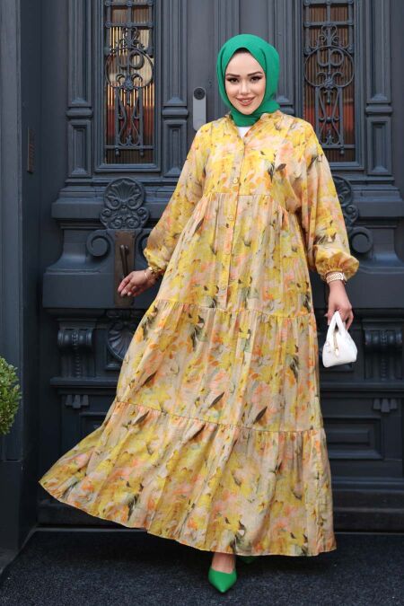 Modest Mustard Floral Maxi Dress 710507HR - NEVA STYLE