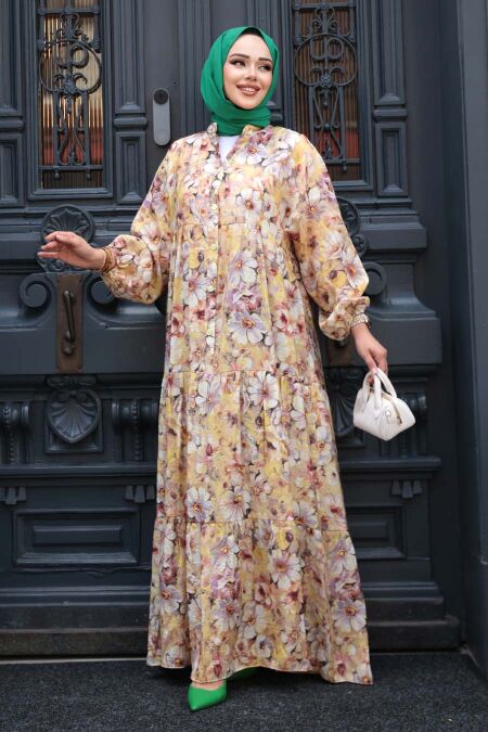 Modest Mustard Floral Maxi Dress 710510HR - NEVA STYLE