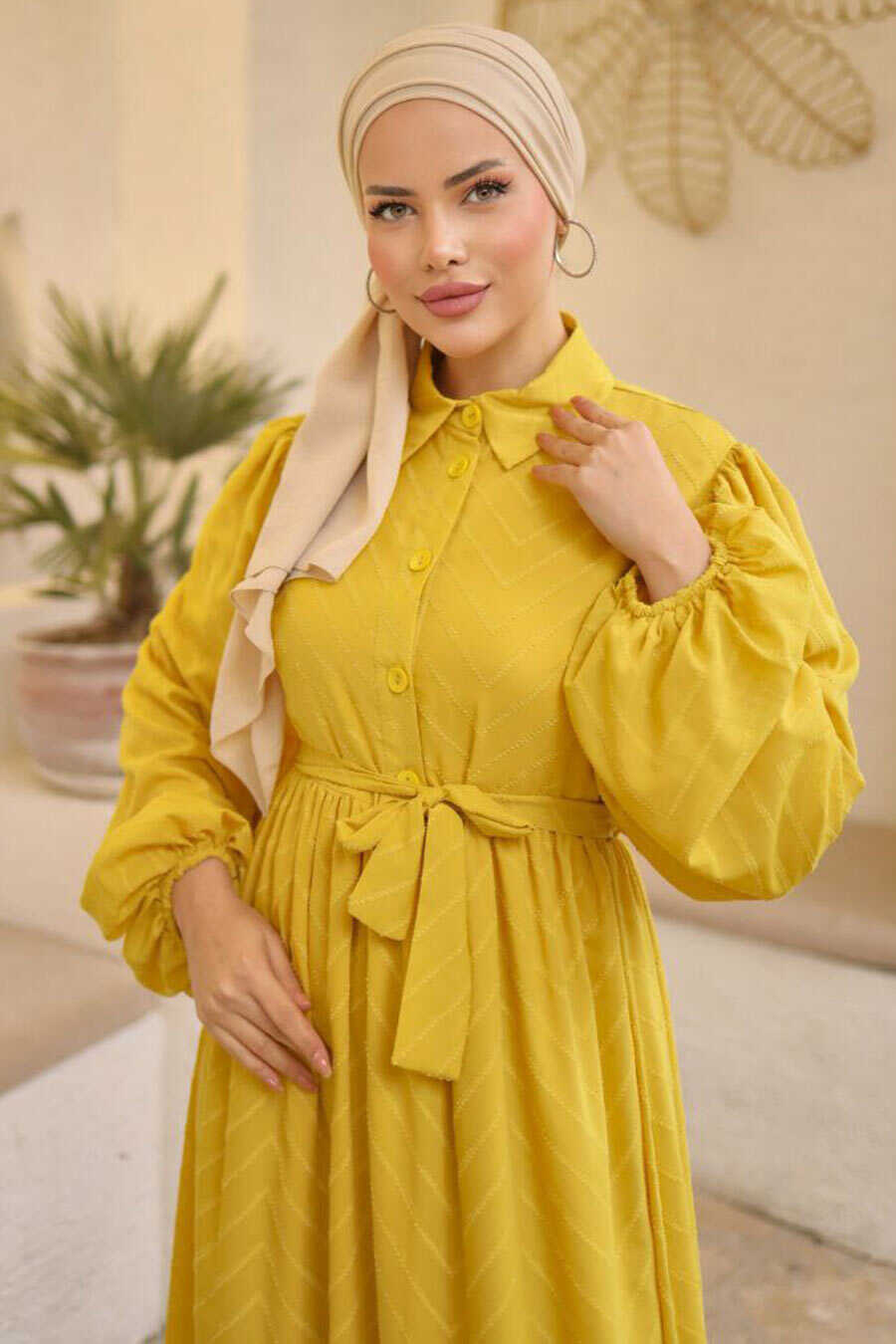 Modest Mustard Hijab Dress 14121HR