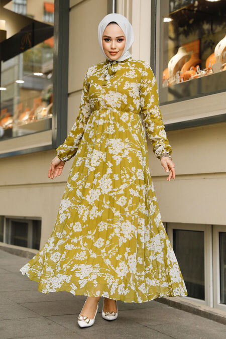 Modest Mustard Maxi Floral Dress 50352HR - NEVA STYLE