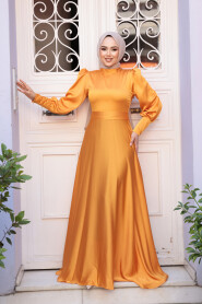 Modest Mustard Satin Bridesmaid Dress 23242HR - 1