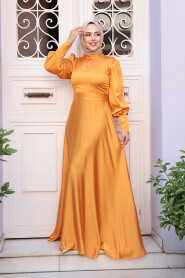 Modest Mustard Satin Bridesmaid Dress 23242HR - 3