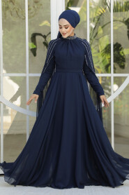 Modest Navy Blue Bridesmaid Dress 47381L - 3