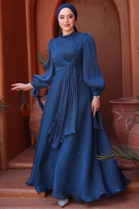 Modest Navy Blue Bridesmaid Gown 52223L - NEVA STYLE
