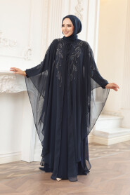 Modest Navy Blue Cape Evening Gown 25909L - 2