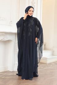 Modest Navy Blue Cape Evening Gown 25909L - 3