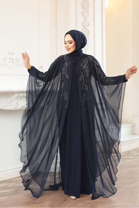 Modest Navy Blue Cape Evening Gown 25909L - NEVA STYLE