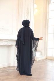Modest Navy Blue Cape Evening Gown 25909L - 4