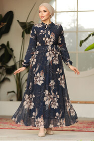 Modest Navy Blue Chiffon Floral Dresses 50355L - 2