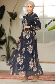 Modest Navy Blue Chiffon Floral Dresses 50355L - 3