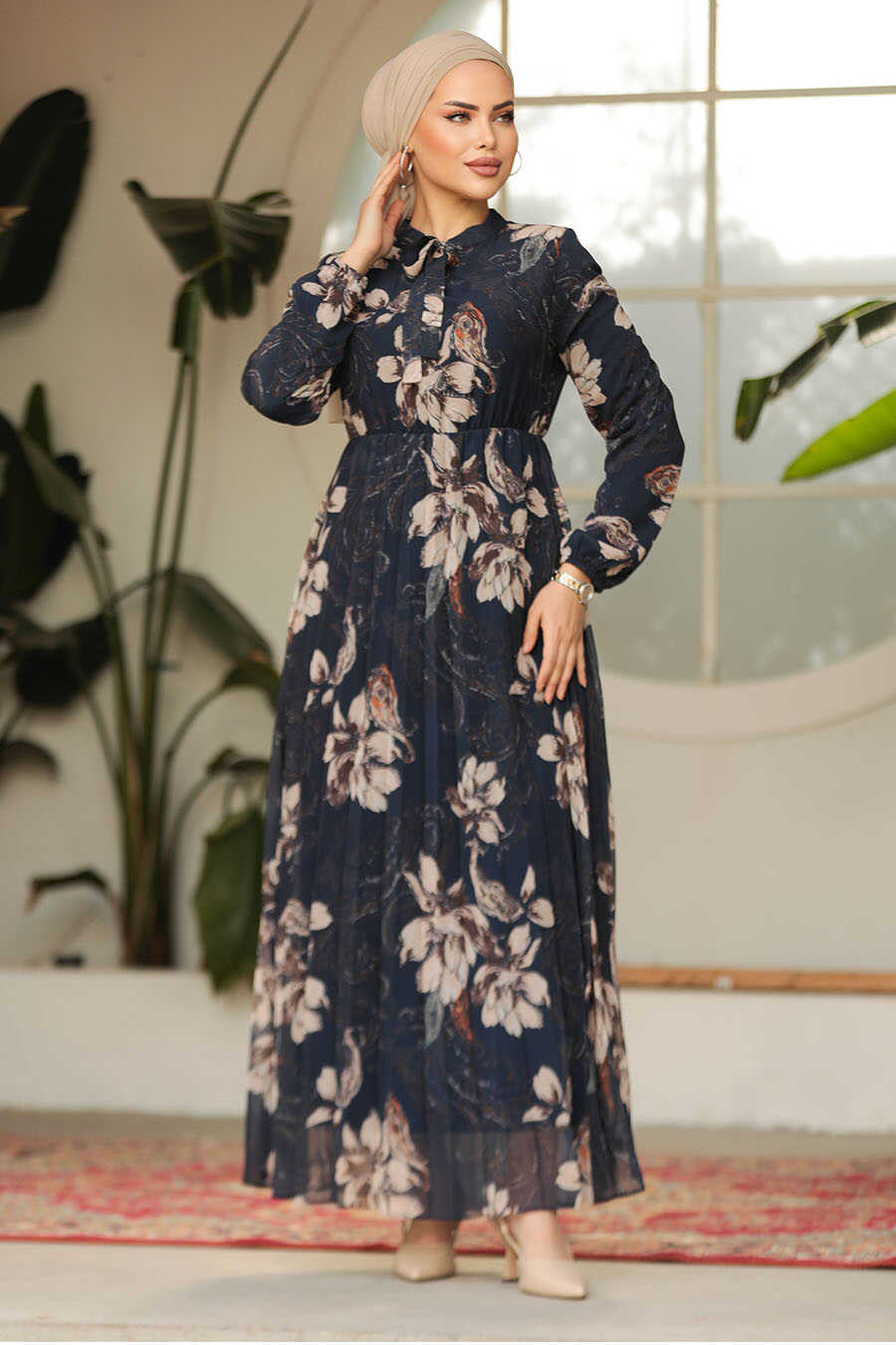 Modest Navy Blue Chiffon Floral Dresses 50355L - Neva-style.com