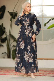 Modest Navy Blue Chiffon Floral Dresses 50355L - 4