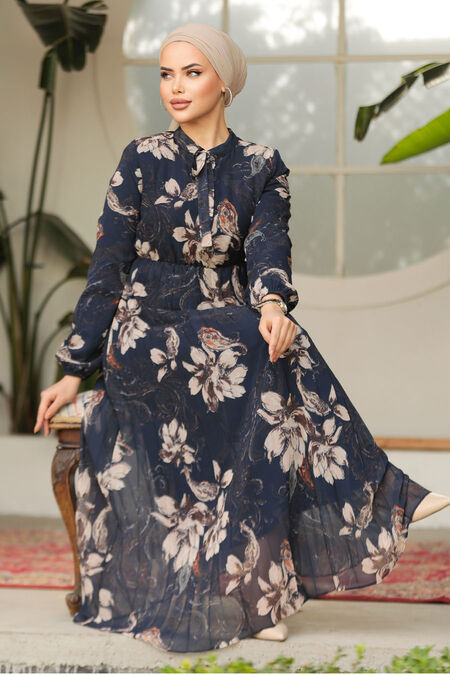 Modest Navy Blue Chiffon Floral Dresses 50355L - NEVA STYLE