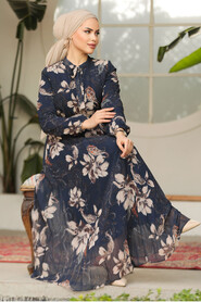 Modest Navy Blue Chiffon Floral Dresses 50355L - 5