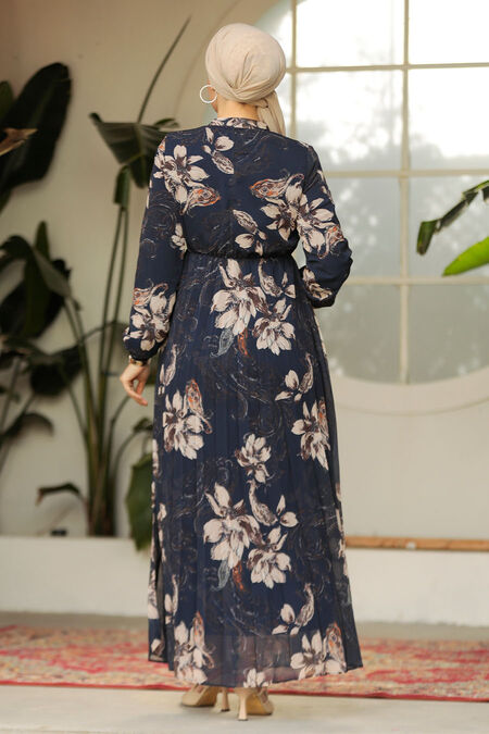 Modest Navy Blue Chiffon Floral Dresses 50355L