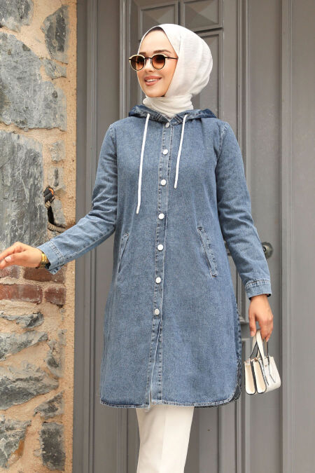 Modest Navy Blue Denim Coat 19117L - NEVA STYLE