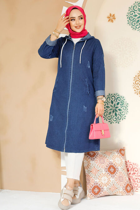 Modest Navy Blue Denim Coat 19127L - NEVA STYLE