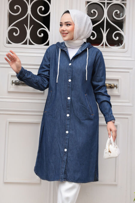 Modest Navy Blue Denim Coat 7041L - NEVA STYLE