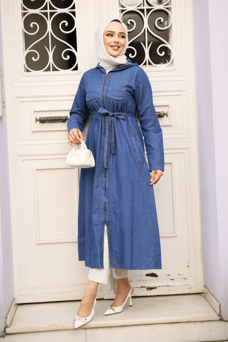 Modest Navy Blue Denim Coat 7103L - NEVA STYLE