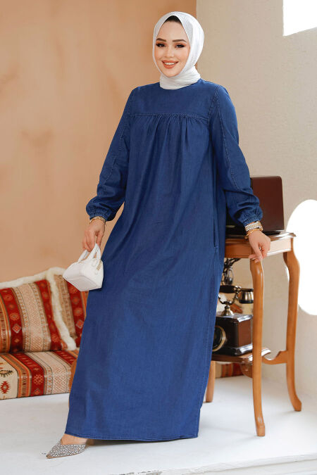 Modest Navy Blue Denim Dress 19125L - NEVA STYLE
