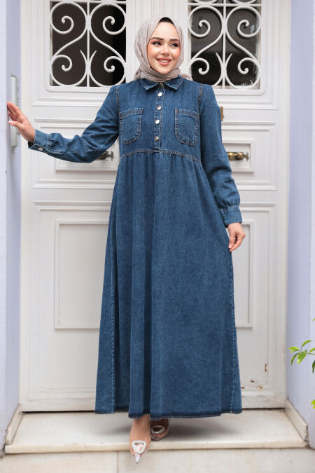 Modest Navy Blue Denim Dress 19150L - NEVA STYLE